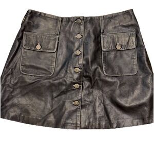 100% Leather Button Down Mini Skirt 28"‎ Waist White Stitch Cargo Pockets Edgy